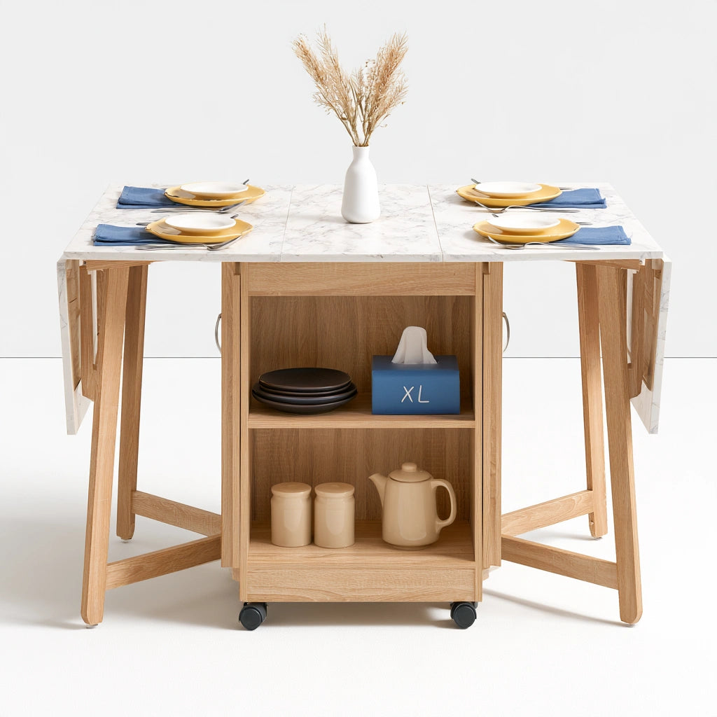 Składany stół jadalniany, z drewna, składana konstrukcja, kółka transportowe, kolor: jasnobrązowy